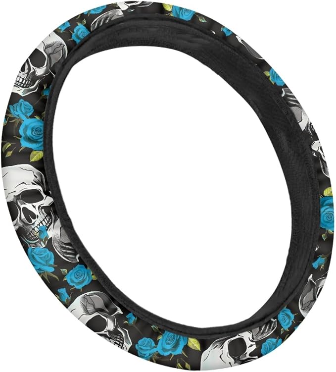 AFPANQZ Skulls Print Car Steering Wheel Cover Stretch-on Fabric Neoprene Comfortable Grip Automotive Steering Wheel Protector Adult Anti-Slip Universal 15 inch Machine Washable Gray