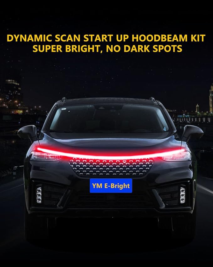 YM E-Bright Led Hood Light Strip Exterior Led Strip Lights for Cars Waterproof Flexible DRL Dynamic Scan Start Up Hoodbeam Kit Daytime Running Lights for Car, Truck, SUV, 12V 70inch, Red, 1 Set