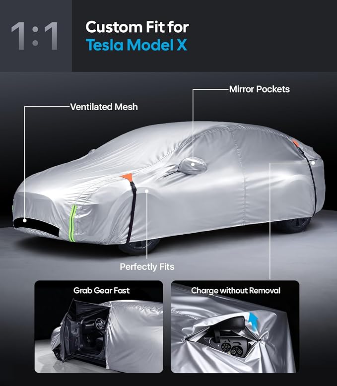 Wigoo Tesla Model X Car Cover Accessories 2015-2026, Custom Fit Waterproof All Weather Outdoor Full Car Cover, Windproof UV Rain Snow Dust Protection, Door Zipper, Charging Port, Ventilated Mesh