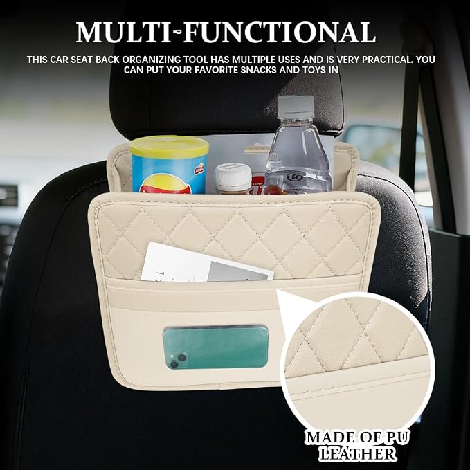 Car Seat Back Organizer, Car Organizers and Storage, PU Leather Vehicle Backseat Hanging Storage Pocket, Multipurpose Auto Organizer Hanging Universal for Most Vehicles (Beige)