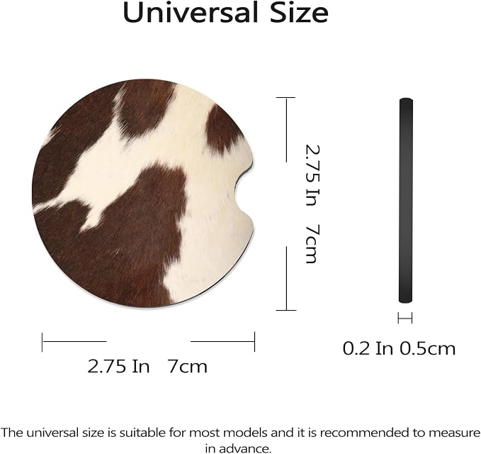 Car Coasters for Cup Holders - Animal Brown Cowhide Skin Print Cow | 2 Pack Anti Slip Universal Rubber Car Cup Coaster for Women Men, Car Interior Accessories