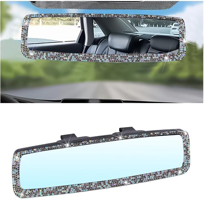 Osilly Bling Car Rearview Mirror, Decorations Rear View Mirror with Crystal Rhinestones & Diamonds, Car Interior Trim Accessories, Clip-on & HD Glass, Sparkly Gift (AB Color+Purple)