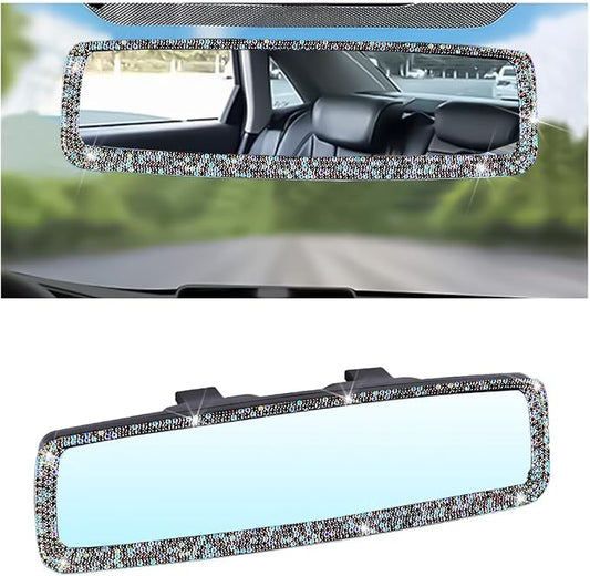 Osilly Bling Car Rearview Mirror, Decorations Rear View Mirror with Crystal Rhinestones & Diamonds, Car Interior Trim Accessories, Clip-on & HD Glass, Sparkly Gift (AB Color+Purple)