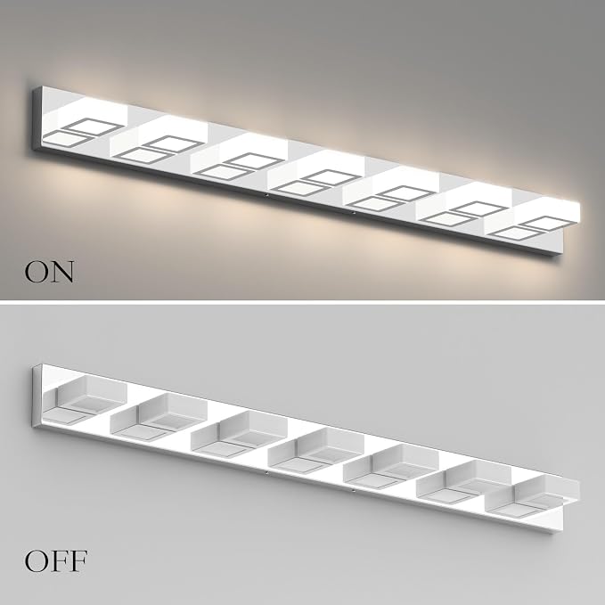 Ralbay 46" LED Chrome Vanity Lights 7 Lights Acrylic Stainless Steel LED Modern Vanity Lights Chrome Bathroom Lighting Fixtures Over Long Mirror (Natural White Light 4500K)