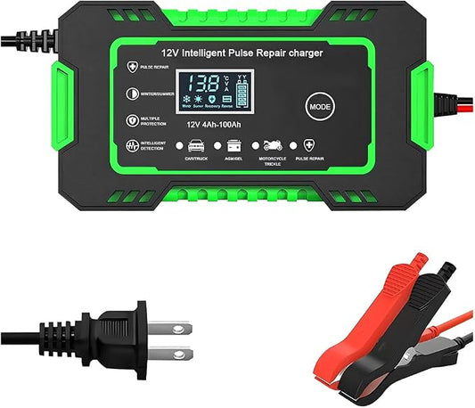 Car Battery Charger, 12V 6A Smart Fully Trickle Vehicle Battery Charger & Desulfator with Temperature Compensation, Portable Automotive Power Maintainer, Universal Fit (Green)