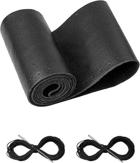 Belinous Leather Steering Wheel Cover Lace Up, Stitch on Steering Wheel Wrap, Universal Fit 13-20 Inch Car Truck Pickup Boat, A Whole Piece of Cowhide, DIY w/Needle Thread (Size S5, Black)