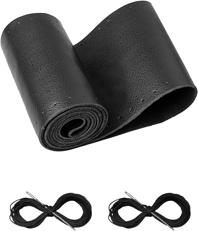 BELINOUS Leather Steering Wheel Cover Lace Up, Stitch on Steering Wheel Wrap, Universal Fit 13-20 Inch Car Truck Pickup Boat, A Whole Piece of Cowhide, DIY w/Needle Thread (Size XXXXL1, Black)