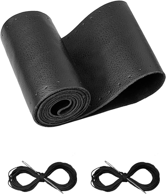 BELINOUS Leather Steering Wheel Cover Lace Up, Stitch on Steering Wheel Wrap, Universal Fit 13-20 Inch Car Truck Pickup Boat, A Whole Piece of Cowhide, DIY w/Needle Thread (Size XXXXL1, Black)
