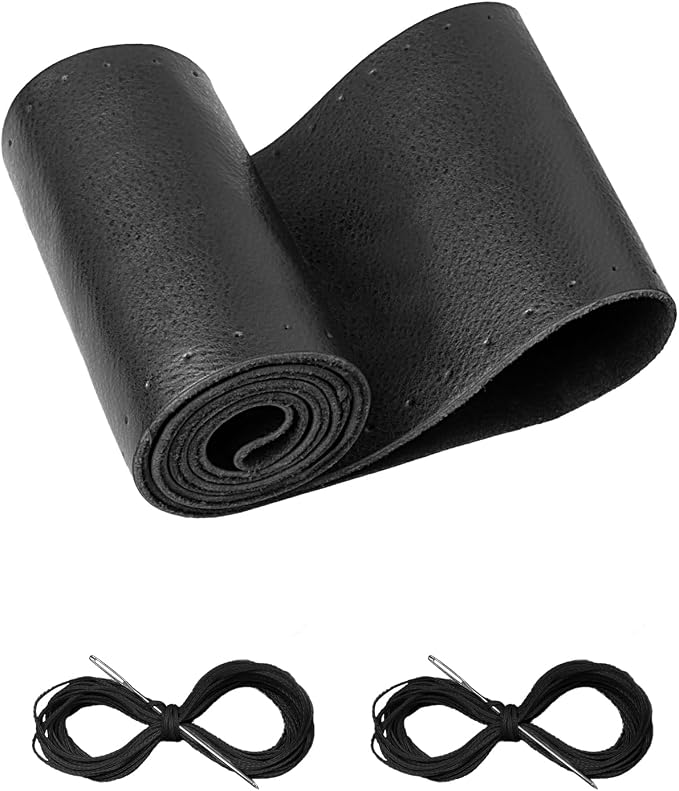 BELINOUS Leather Steering Wheel Cover Lace Up, Stitch on Steering Wheel Wrap, Universal Fit 13-20 Inch Car Truck Pickup Boat, A Whole Piece of Cowhide, DIY w/Needle Thread (Size S2, Black)