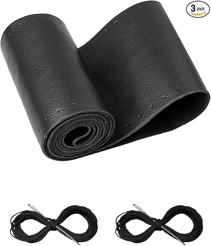 Belinous Leather Steering Wheel Cover Lace Up, Stitch on Steering Wheel Wrap, Universal Fit 13-20 Inch Car Truck Pickup Boat, A Whole Piece of Cowhide, DIY w/Needle Thread (Size S4, Black)
