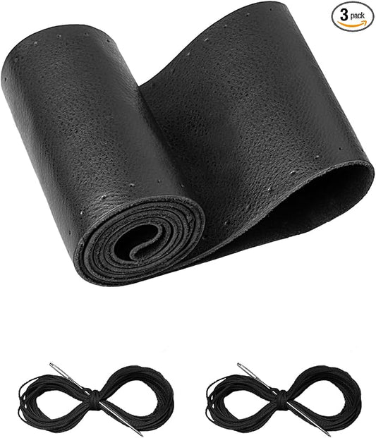 BELINOUS Leather Steering Wheel Cover Lace Up, Stitch on Steering Wheel Wrap, Universal Fit 13-20 Inch Car Truck Pickup Boat, A Whole Piece of Cowhide, DIY w/Needle Thread (Size XXL2, Black)