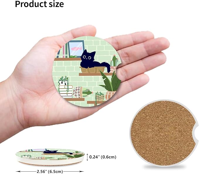 Ceramic Cup Holders Car Coasters Set for Women/Men,Drink Cup Car Holder Coasters with A Finger Notch 2.56" Pack of 2（Cute Black Cat 2）