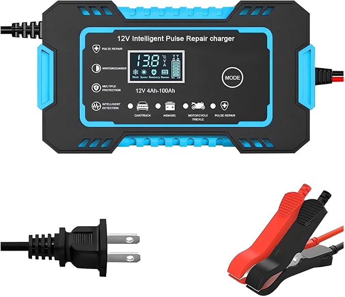 Car Battery Charger, 12V 6A Smart Fully Trickle Vehicle Battery Charger & Desulfator with Temperature Compensation, Portable Automotive Power Maintainer, Universal Fit (Blue)