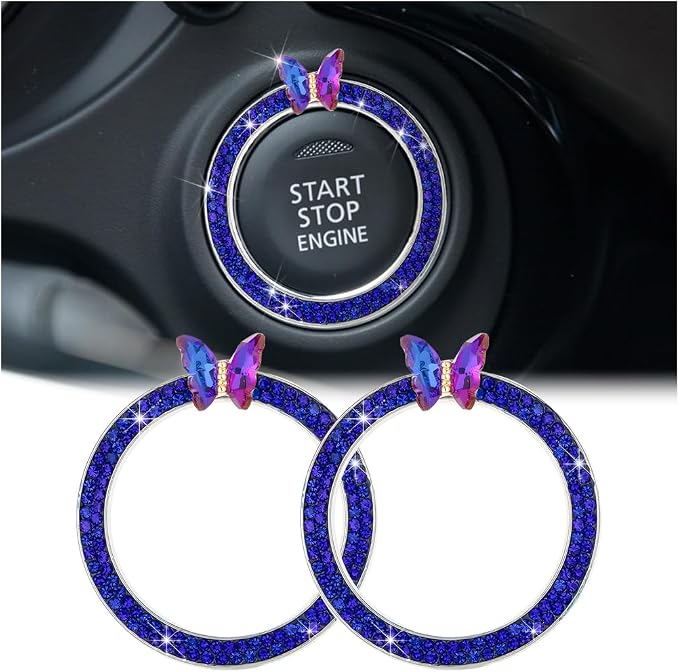2PCS Bling Car Engine Start Stop Decoration Ring, Crystal Rhinestone Auto Push Start Button Ignition Ring Sticker, Vehicle Decor Accessories for Women Girls, Universal for Vehicles (Dark Blue)