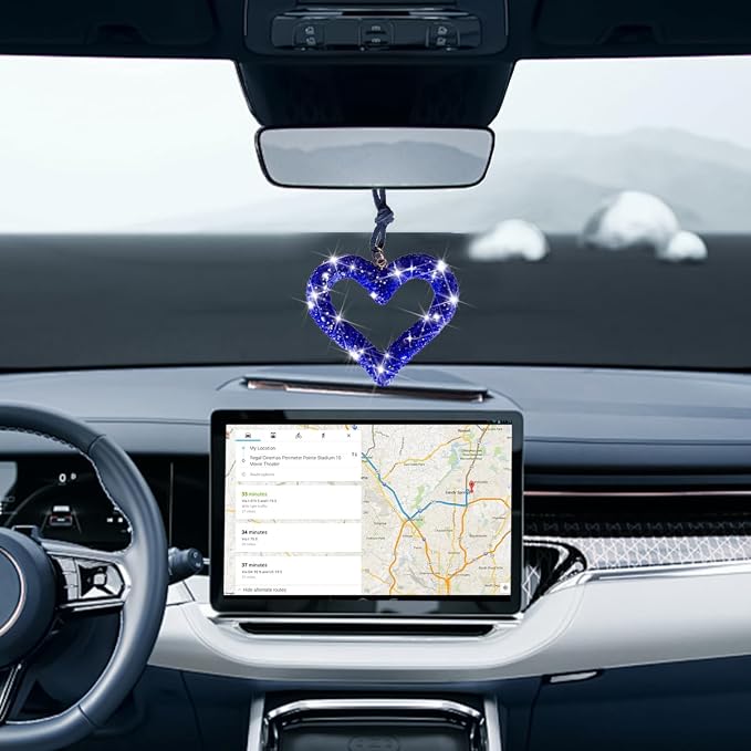 Mandark Bling Heart Car Hanging Accessories, Crystal Rhinestone Vehicle Rear View Mirror Charm Pendant Ornaments, Cute Diamond Auto Interior Hanger Decoration for Women Girls（Dark Blue）