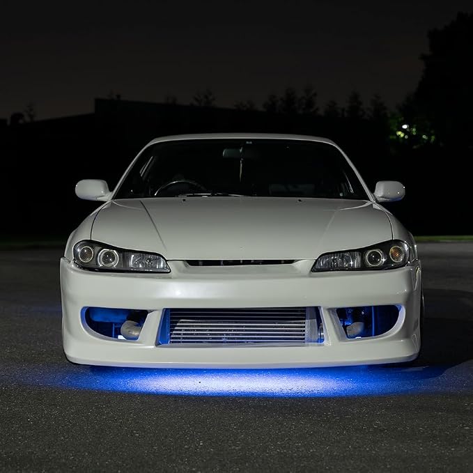 LEDGlow 4pc Blue Slimline LED Car Flexible Underglow Lighting Kit | Neon Accent Lights Include Flex Underbody Tubes, Solid Color Illumination, 4 Modes, Control Box & Remote