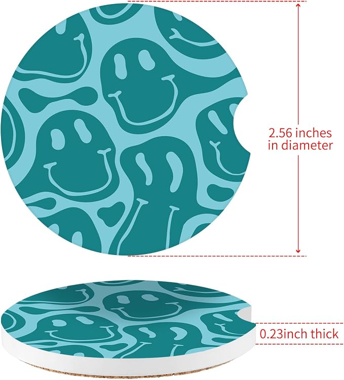 Car Coasters,Purple Smily Absorbent 2 Pack for Cup Holders with Finger Notch,2.56 inches Ceramics Heat Resistant Anti Slip Cork Base Car Drinks Coasters Auto Cup Holder(Blue-Green Smiley face)