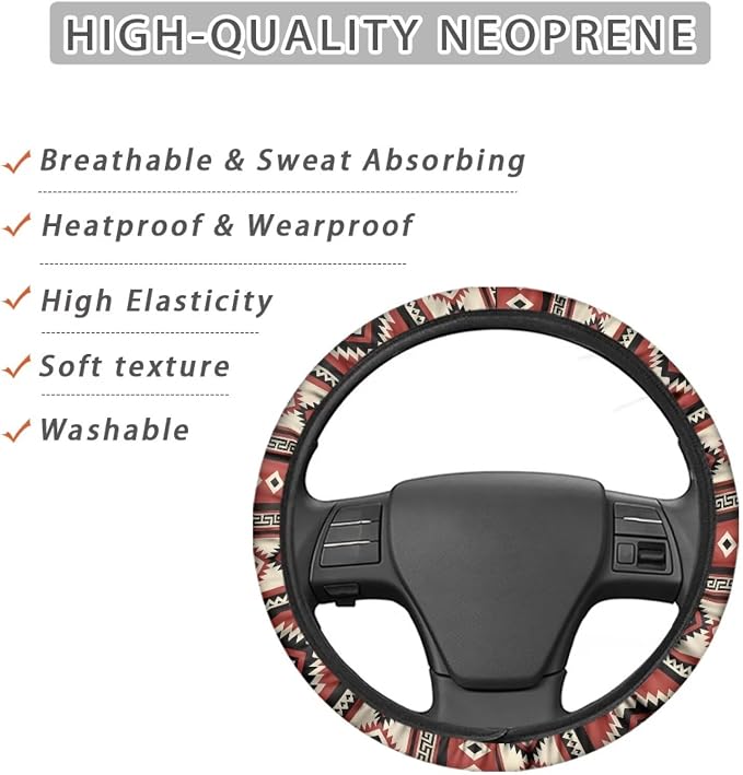 Wanyint Car Steering Wheel Cover Universal Fit SUV Truck Van, Anti-Skid Soft Stretchy All Weather Protection Auto Decor Accessories, Southwest Aztec Red Beige