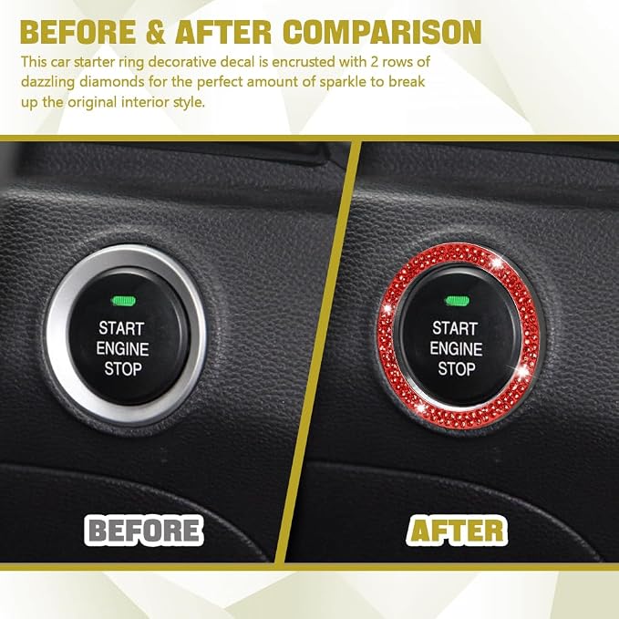 2PCS Bling Car Crystal Rhinestone Ring Emblem Sticker, Push to Start Button Cover/Sticker, Key Ignition Starter & Knob Ring, Car Interior Decoration Bling Car Accessories for Women