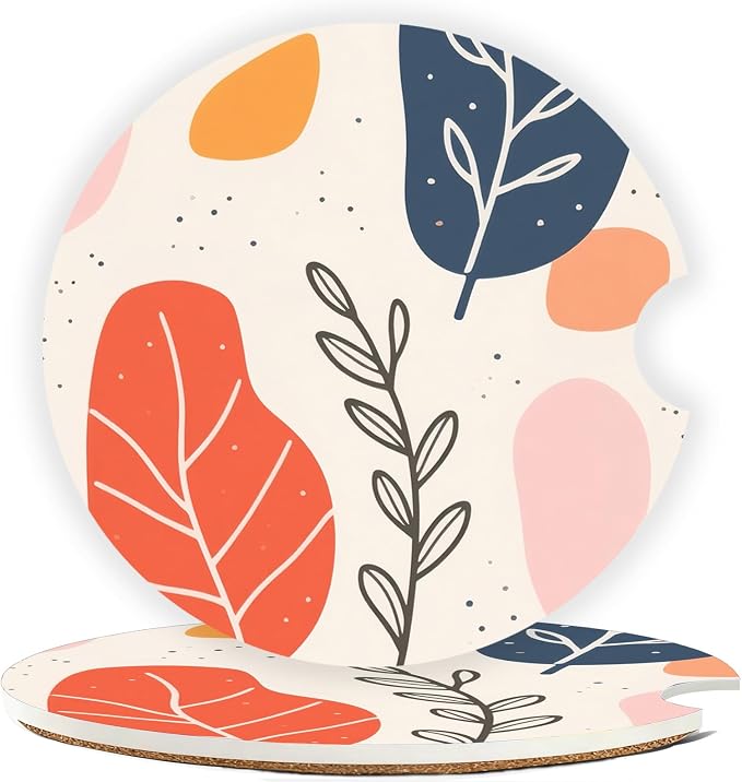 Car Cup Holder Coaster Set of 2, 2.56 in Ceramic Coasters, Scratch-Resistant Cork Backing, Finger Groove Design for Easy Placement, Cute Car Accessories Interior for Women (Bohemian Leaves)