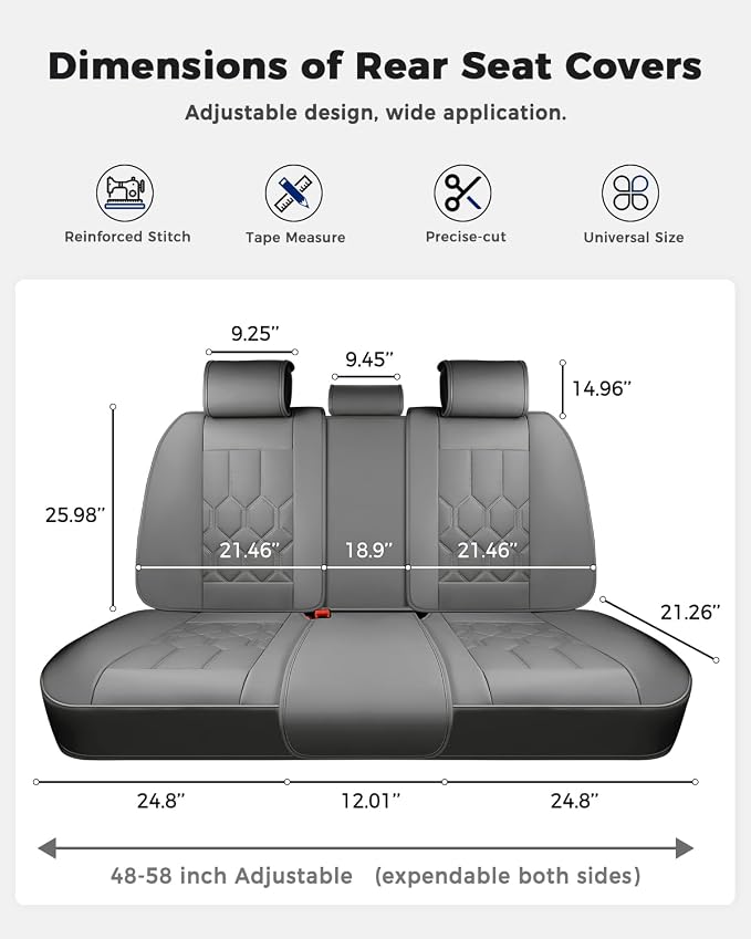 Huidasource Seat Covers Full Set, Universal Fit for Cars SUVs Trucks, Gray | Full Coverage Leather Car Seat Cover, Airbag, Cupholder Compatible, Seat Function Retain, Velcro Adjustable