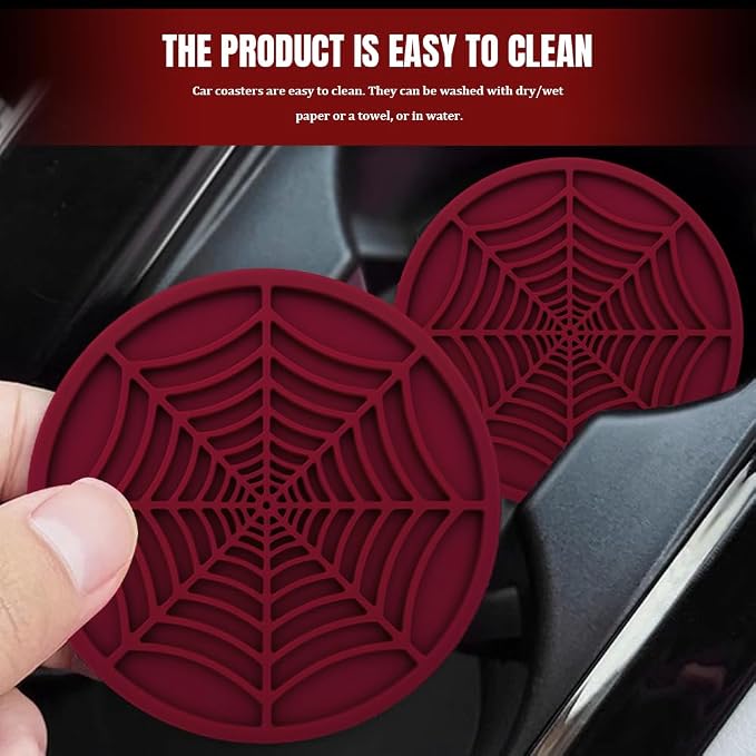 4PCS Car Cup Holder Coaster, Car Cup Insert, 2.75 inch Silicone Anti Slip Spider Web Auto Coaster, Automotive Interior Accessories Car Drink Coasters Cute Fit for Women and Men (Wine Red)