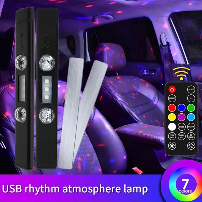 2Pcs Car Interior Ambient Light Wireless LED Starry Car Atmosphere Light USB Rechargeable Multicolor RGB LED Strip Light Remote/Sound Control Car Star Ceiling Light with Music Sync ZHAZHAMO