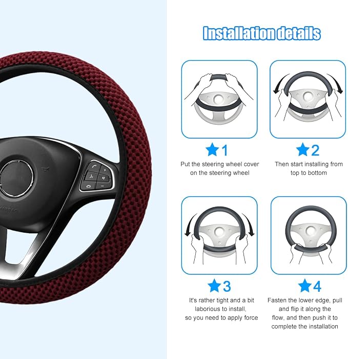 Car Elastic Stretch Steering Wheel Cover, 14.5-15" Breathable Ice Silk Anti-Slip Vehicle Steering Wheel Protector, Comfy Auto Interior Protection Accessories, Universal Fit (Wine Red)