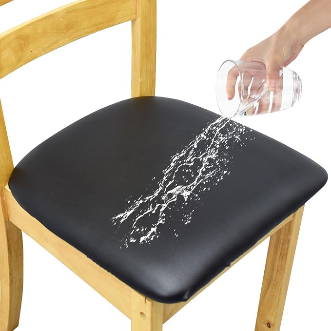 Leather Stretch Chair Seat Covers with Elastic Ties,Waterproof Dining Room PU Leather Chair Cover Seats,Removable Washable Chair Protector Seat Cushion Slipcovers for Home,Kitchen (Black, 2 PCS)