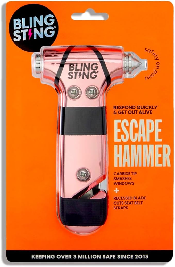 BLINGSTING Car Emergency Escape Hammer, Seatbelt Cutter, Window Breaker Tool, Interior Visor Strap, New Driver Vehicle Safety Essentials, Cute Car Accessories for Women - Black & Pink, 2 Count