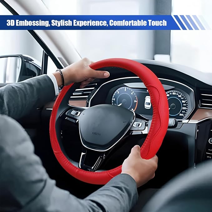 15 Inch Leather Car Steering Wheel Cover for SUV, Truck, Red | Anti-Slip Breathable Automotive Steering Wheel Protector, Universal Heat Resistant Vehicle Interior Accessories