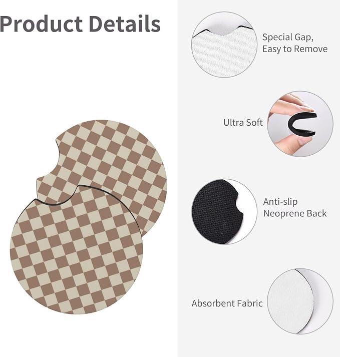 Khaki Checkered Steering Wheel Cover - Khaki Checkered Racing Flag Brown Steering Wheel Cover Anti-Slip Breathable for 15 in Universal 2 Pcs Car Interior Cup Holder Pad for Men Women