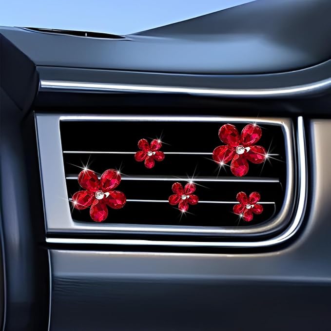 5PCS Bling Flower Car Air Vent Clips, Crystal Rhinestone Vehicle Air Conditioning Outlet Clip, Diamond Automotive Interior Decoration Charm, Universal for Automobile RV Truck (Red)