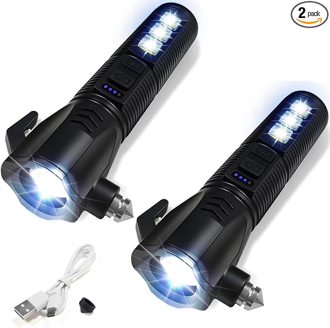 Emergency Car Flashlight - 2000 Lumen Dual Light 4-Level Battery Indicator Window Breaker & Seatbelt Cutter USB Rechargeable Ultra-Light 108g Car Emergency Too (2pcs-Black)