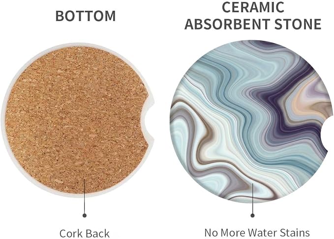 Britimes Absorbent Car Coasters 2 Pack for Cup Holders, 2.56" Ceramic Stone & Non-Scratch Cork Base Drink Coasters Cupholder Purple Blue Marble