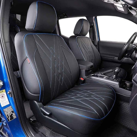 EKR Tacoma Leather Car Seat Covers Custom Fit for Toyota Tacoma 2012 2013 2014 2015 (Regular Seats) - Truck Seat Covers Full Set,Faux Leather(Black with Blue Trim)