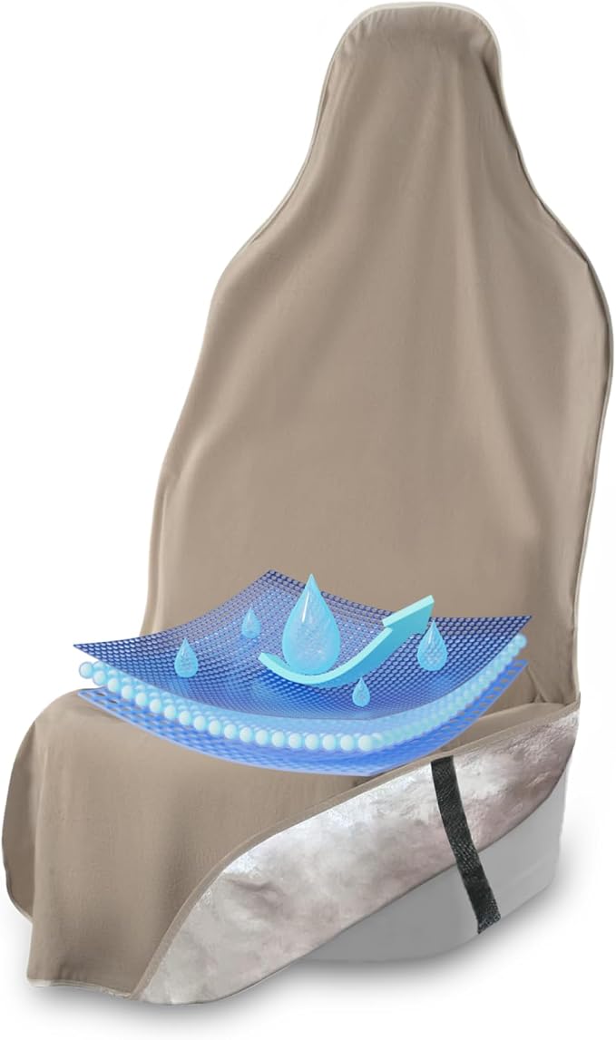 EliteSport Front Seat Cover, Universal Fit Waterproof, Sweatproof, Odor-Resistant, and Machine Washable Car Seat Protector with Non-Slip Underlayer for Pet, Travel, and Outdoor Adventure, Tan