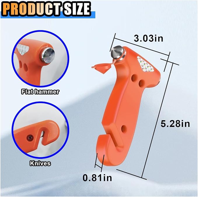 Car Safety Hammer, 3-in-1 Car Emergency Escape Tool with Window Breaker & Seat Belt Cutter, Car Emergency Kit Gadgets for Car, Office, Home (Orange, 2pcs)