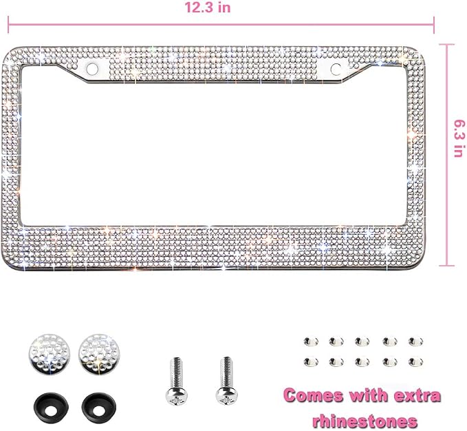 OKLPF Bling License Plate Frame for Women, White Sparkly Stainless Steel License Plate Frames| Over 1200 pcs 14 Facets Bedazzled Clear Glass Rhinestone Crystals w/Free Glitter Diamond Box, 1 Pcs