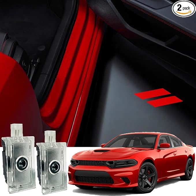 2pcs Never Fade Door Light Led Logo for Dodge Charger Daytona Hellcat All Car Models Projector Ghost Shadow Puddle Courtesy Step Lights (Red)
