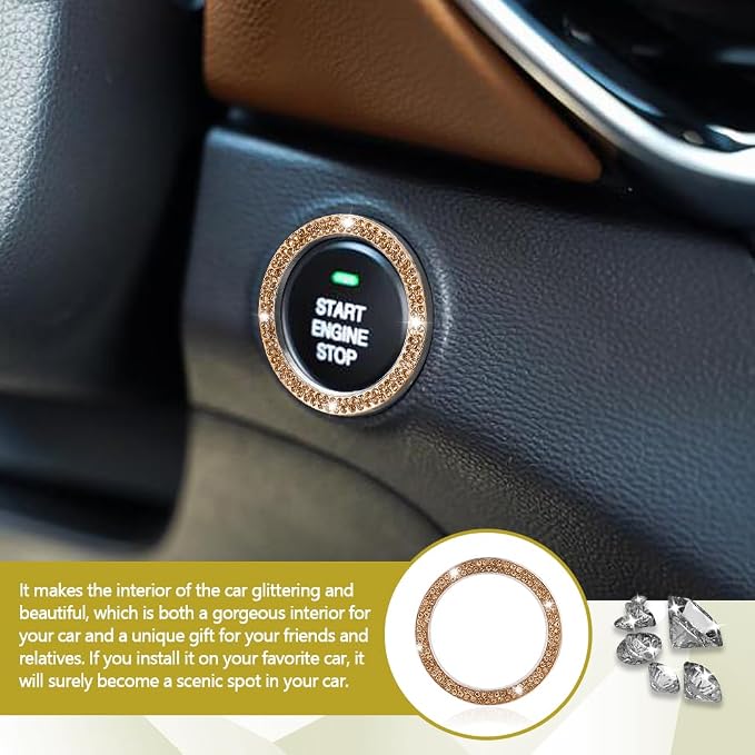 Bling Car Crystal Rhinestone Ring Emblem Sticker, Push to Start Button Cover/Sticker, Key Ignition Starter & Knob Ring, Car Interior Decoration Bling Car Accessories for Women