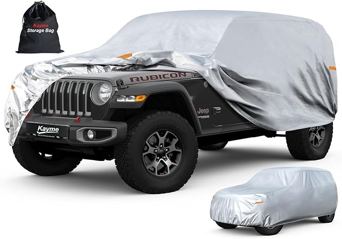 Kayme 6 Layers Car Cover Custom Fit for Jeep Wrangler 4 Dr/Unlimited 4 Door JK JL, Waterproof All Weather for Automobiles, Outdoor Full Cover Rain Sun UV Protection.Silver