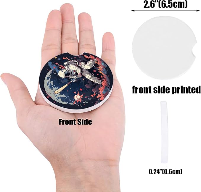 Car Coasters for Cup Holders 2.6" Dia Absorbent Coasters Set of 4 Car Interior Accessories for Women Men Ceramic Car Coaster for Drinks with Finger Grooves,Watercolor Astronaut Baseball Theme Black