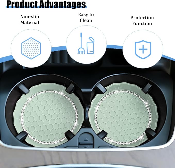 HZEL 4PCS Bling Car Cup Holder Coaster, Shiny Crystal Rhinestone Silicone Dustproof Drink Cup Insert Pad, Dazzling Automotive Interior Water Bottle Holder Embedded Mat, Universal Fit (Cyan)
