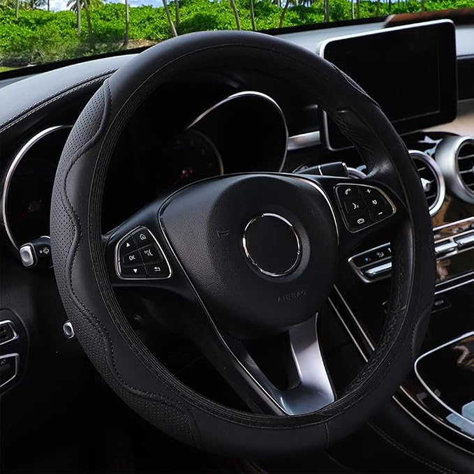 Elastic Steering Wheel Cover Black Leather Universal 14-15 inch | Car Steering Wheel Covers Stretch Microfiber Breathable Anti-Slip Durable Without Inner Ring Steering Wheel Accessories