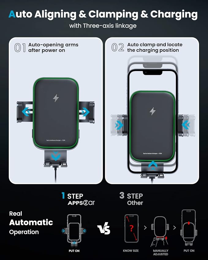 APPS2Car Dual Coil Wireless Car Charger Auto Clamping 15W Cup Holder Phone Wireless Charging Mount Tri-Pivots Height Adjustable Fast Charge for Cars, SUVs & Trucks, for iPhone 12-17, Samsung, etc.
