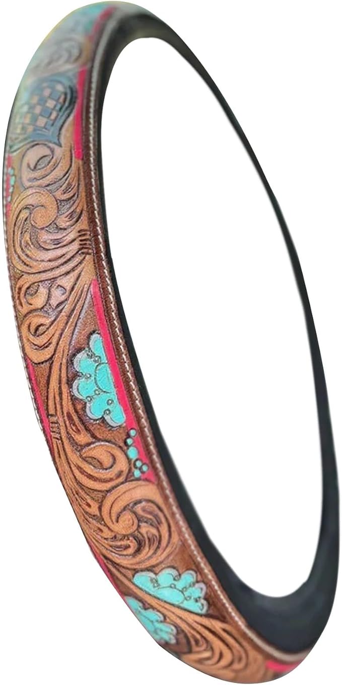 Western Cowboy Steering Wheel Cover - Retro Tooled Leather, Embossed Hand-Painted Design, Universal 15 Inch Anti-Slip Cover for SUV, Truck, Car, Breathable All-Weather, Easy to Install (Style-D)