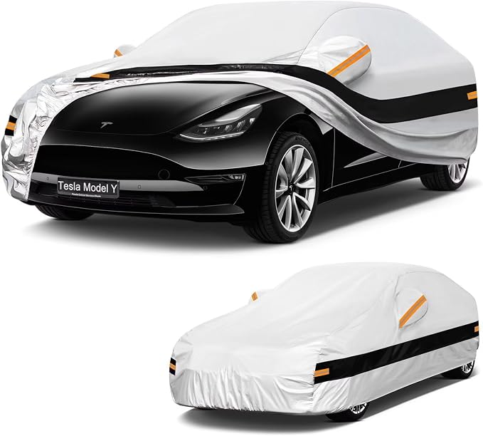 10 Layers Car Cover with Charger Port Custom Fit for Tesla Model Y (2020-2026), Waterproof All Weather for Automobiles, Outdoor Full Cover Sun Dust Rain Protection with Cotton. Silver