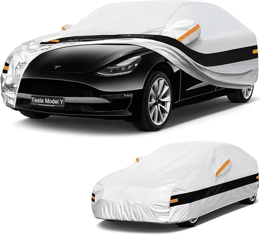 10 Layers Car Cover with Charger Port Custom Fit for Tesla Model Y (2020-2026), Waterproof All Weather for Automobiles, Outdoor Full Cover Sun Dust Rain Protection with Cotton. Silver