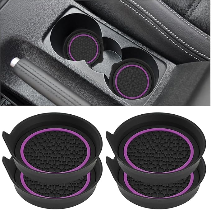 HZEL Car Cup Holder Coasters, 4PCS Non Slip Waterproof Vehicle Water Bottle Pads, Recessed Automotive Interior Drink Mat Decoration Accessories, Universal for SUV Sedan Truck (Purple/Black)